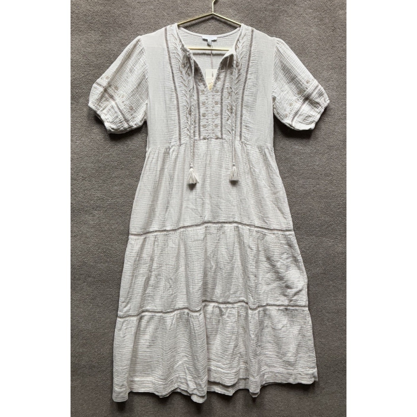 Nwt Johnny Was Calme Puff Sleeve Tie Neck Midi Dress Embroidered Women Xs Beige